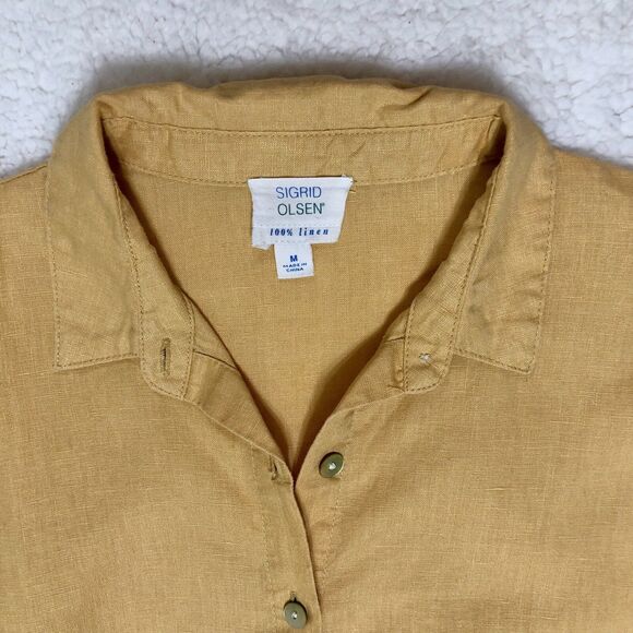 Sigrid Olsen Tunic Top Women M Yellow 100% Linen Button Tie Sleeve Pockets Boho - Picture 4 of 11